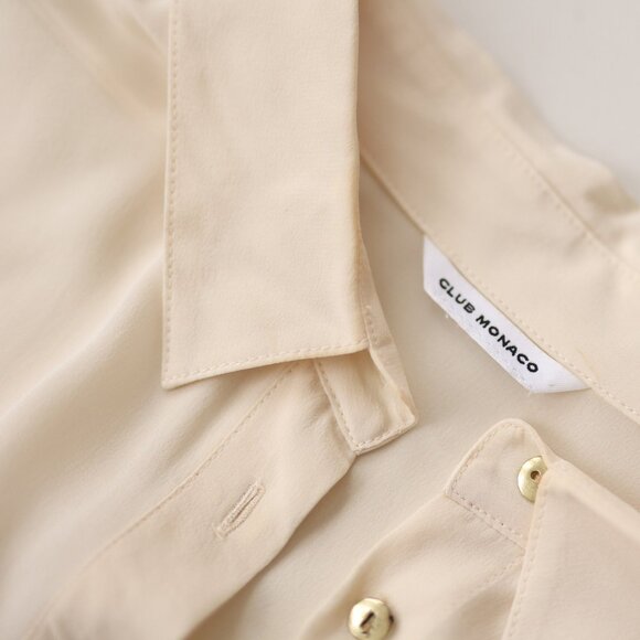 Chic white blue silk long sleeve button up tunic shirt dress XS S - Picture 7 of 7